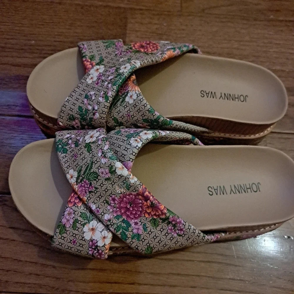 Johnny Was Floral Crisscross Platform Slide Sandals Boho Multi Color Womens Sz 6